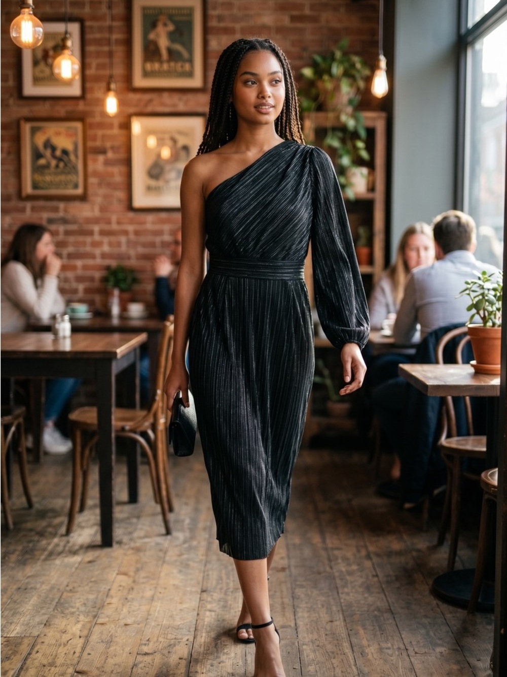 SAYLOR One-Shoulder Black Pleated Midi Dress